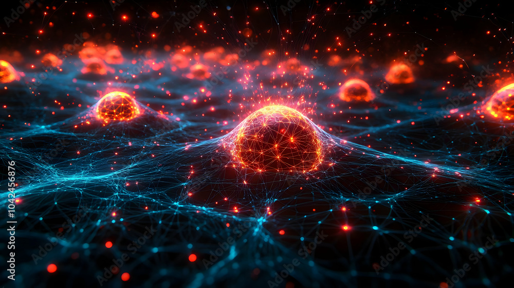 Abstract visualization of interconnected nodes and glowing particles. Abstract visualization of interconnected nodes and glowing particles.