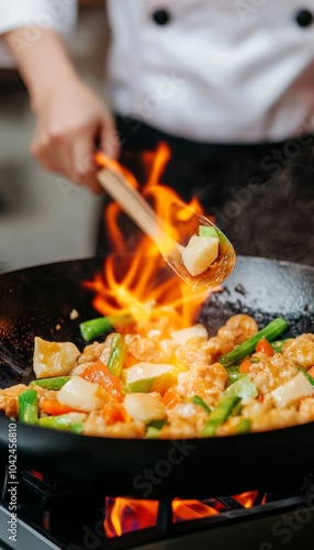 A chef stir-frying vegetables in a hot pan with flames.