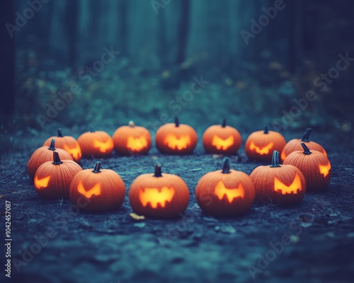 A circle of carved pumpkins with spooky faces in a dark forest setting.