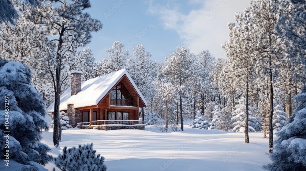 A cozy wooden cabin nestled amongst snowy pine trees on a bright winter day. A cozy wooden cabin nestled amongst snowy pine trees on a bright winter day.