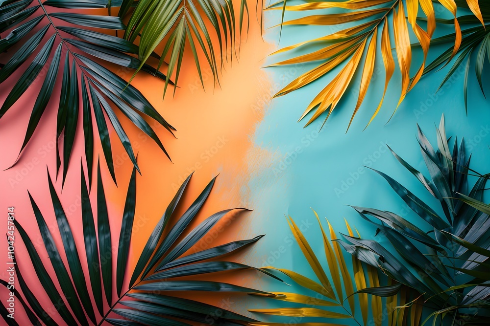 A close up of palm leaves on a pink and blue background A close up of palm leaves on a pink and blue background