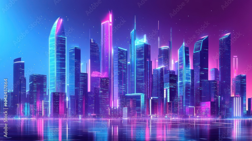 A futuristic cityscape with neon lights reflecting in the water. A futuristic cityscape with neon lights reflecting in the water.