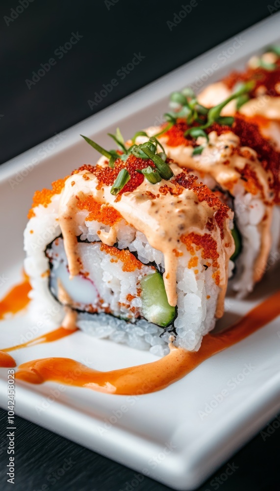 A close-up of colorful sushi rolls drizzled with sauce on a plate. A close-up of colorful sushi rolls drizzled with sauce on a plate.