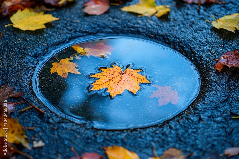A Single Autumn Leaf Floating in a Puddle on a Wet Pavement A Single Autumn Leaf Floating in a Puddle on a Wet Pavement