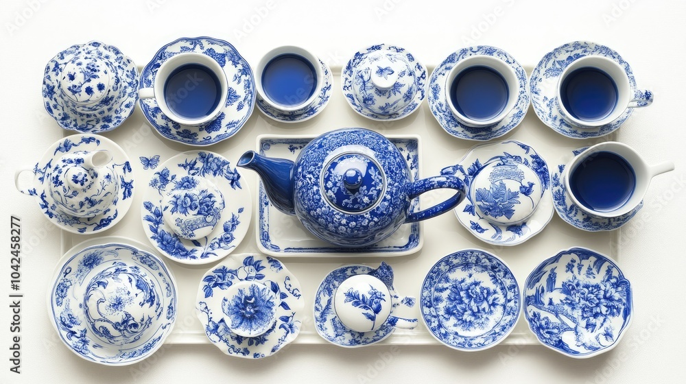 Elegant Blue and White Tea Set Display Elegant Blue and White Tea Set Display
