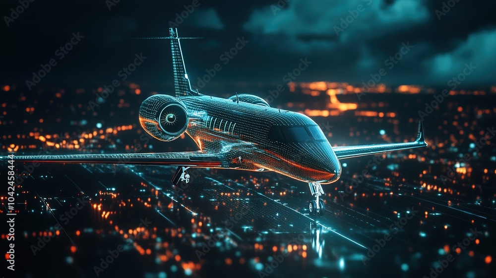 A modern airplane sits illuminated in a futuristic hangar with vibrant lighting and dynamic visual effects during evening hours A modern airplane sits illuminated in a futuristic hangar with vibrant lighting and dynamic visual effects during evening hours