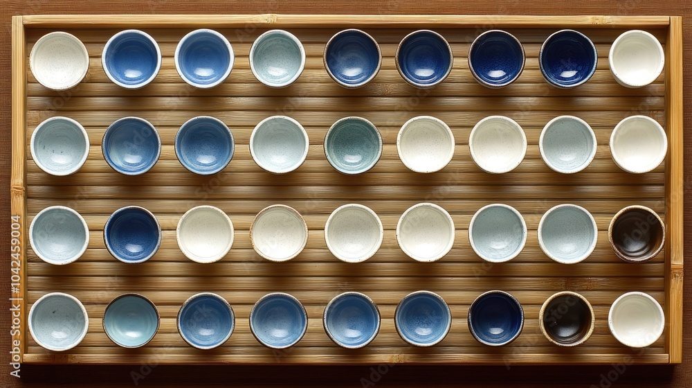 Colorful Small Bowls on Wooden Tray Arrangement Colorful Small Bowls on Wooden Tray Arrangement