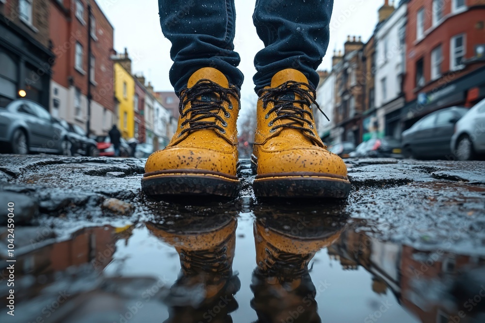 Yellow Boots Reflecting in a Puddle on a Rainy City Street Yellow Boots Reflecting in a Puddle on a Rainy City Street