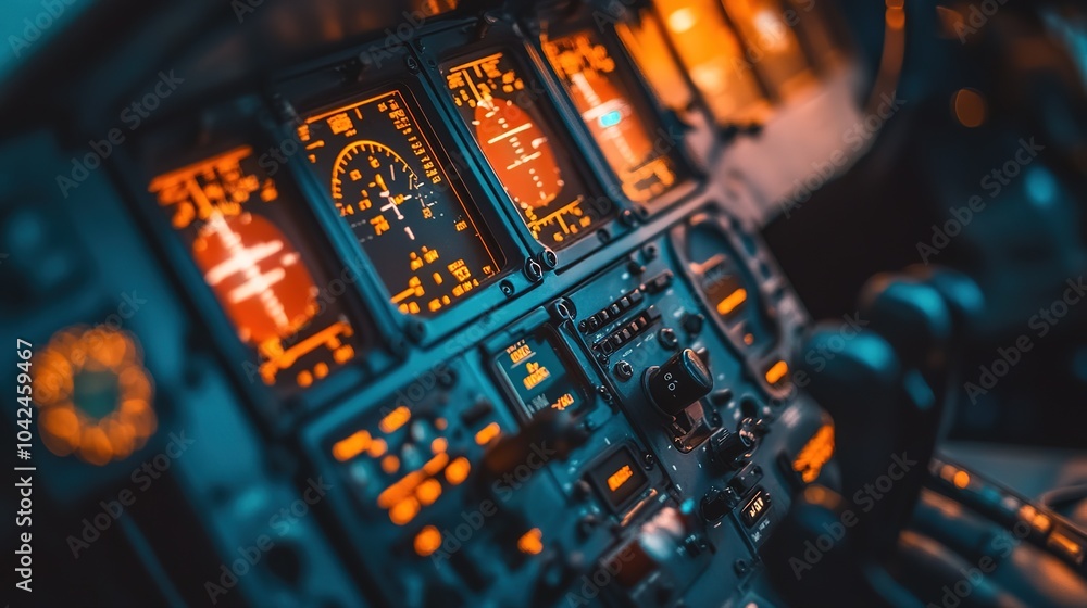 Detailed cockpit controls of a modern aircraft illuminated at night during flight, showcasing digital displays and manual levers Detailed cockpit controls of a modern aircraft illuminated at night during flight, showcasing digital displays and manual levers