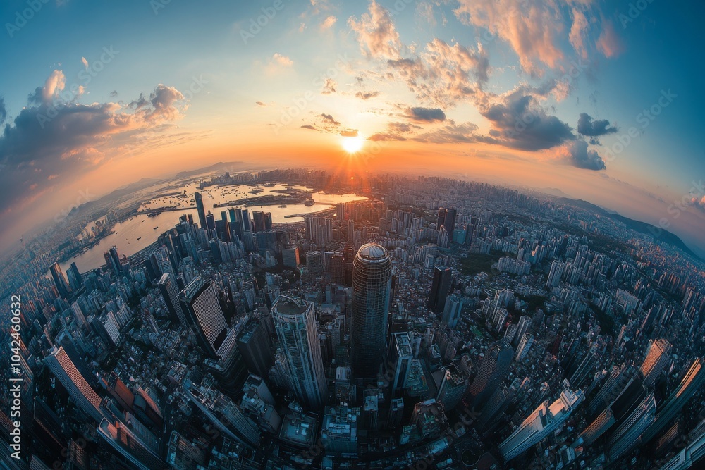 A panoramic view of a city skyline at sunset with a fisheye lens, showing the sun setting over the cityscape and the vastness of the urban landscape. A panoramic view of a city skyline at sunset with a fisheye lens, showing the sun setting over the cityscape and the vastness of the urban landscape.