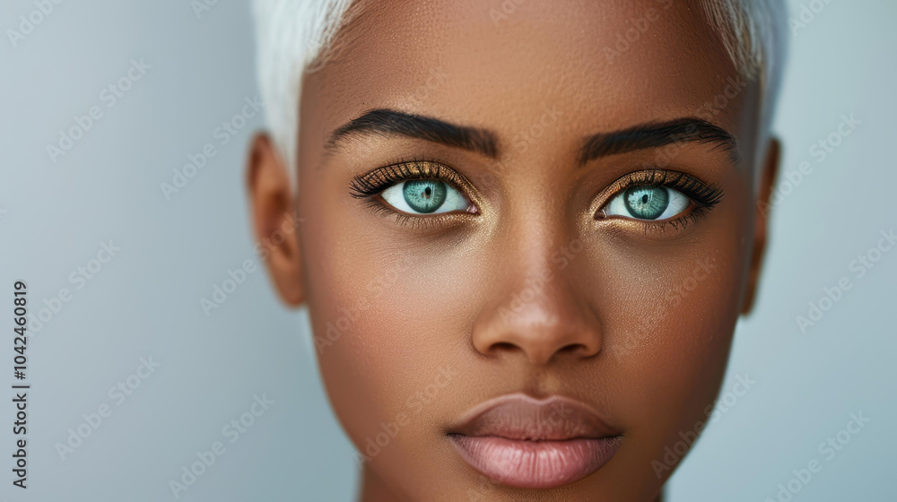 Stunning closeup of a black female model showcasing a chic short white hairstyle that captures elegance and style. Stunning closeup of a black female model showcasing a chic short white hairstyle that captures elegance and style.