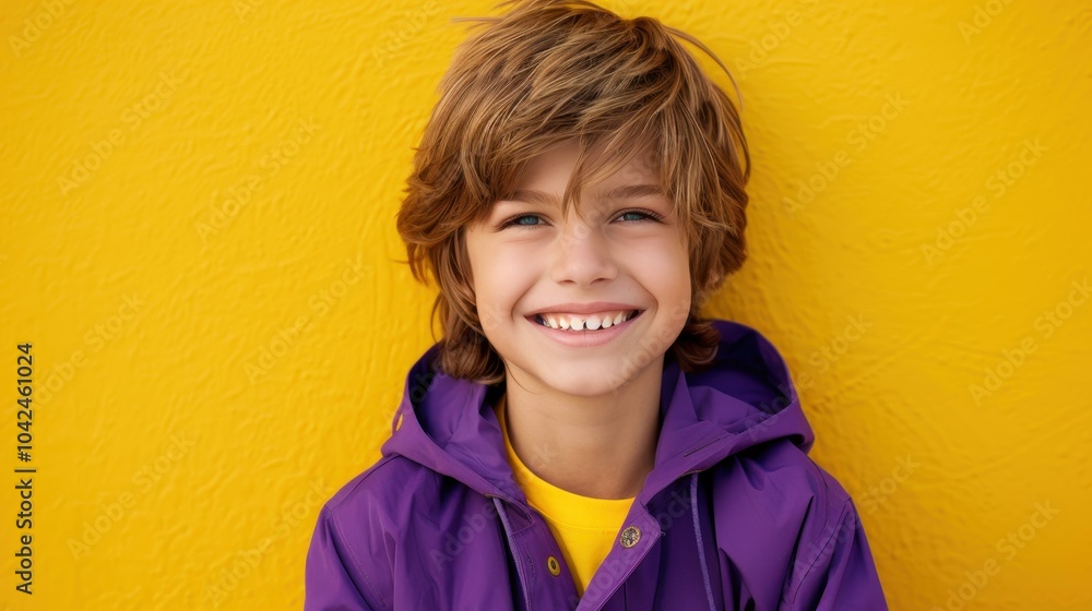 A vibrant portrait of a joyful boy in a purple coat, beaming with laughter against a sunny yellow backdrop. A vibrant portrait of a joyful boy in a purple coat, beaming with laughter against a sunny yellow backdrop.