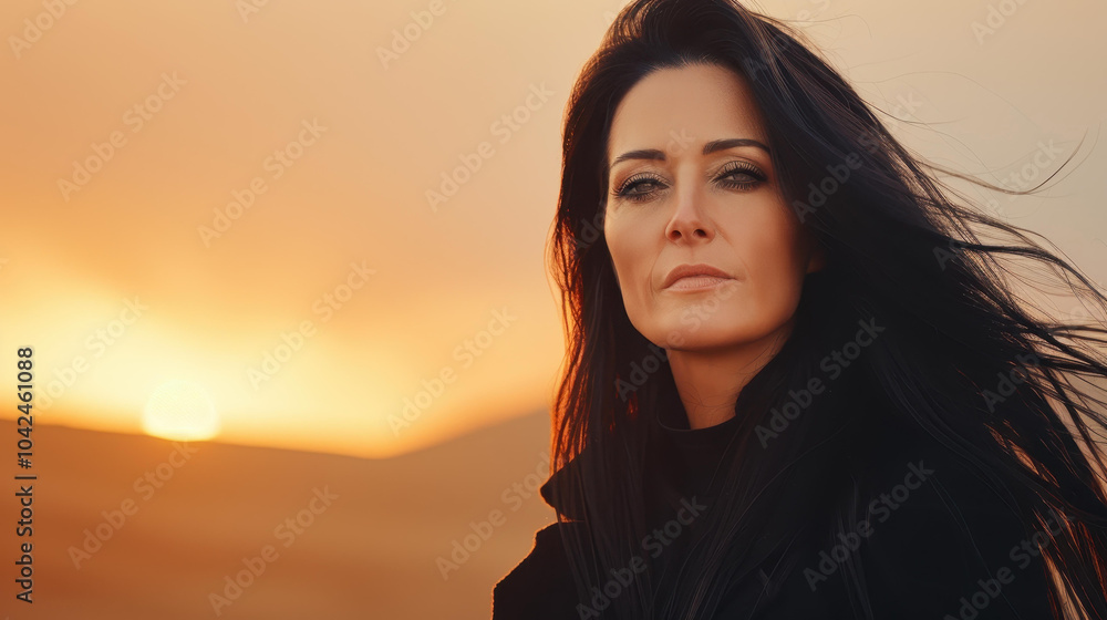 Fototapeta premium Stunning image of a beautiful woman outdoors at sunset, exuding elegance in her sleek black attire and captivating smile.