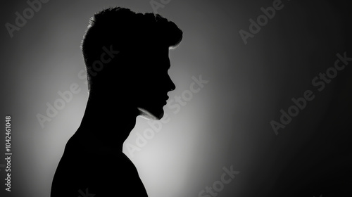 A striking profile silhouette of a young man, captured in deep shadow, showcasing intriguing facial features and expression. photo