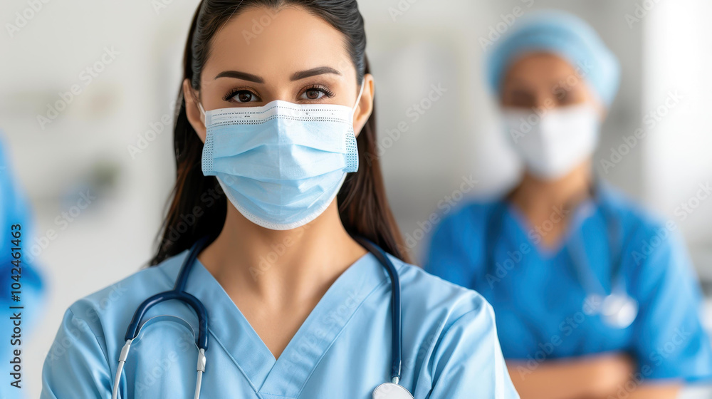 A determined female nurse dons a protective mask, focused on her role amid supportive healthcare colleagues in the backdrop. A determined female nurse dons a protective mask, focused on her role amid supportive healthcare colleagues in the backdrop.