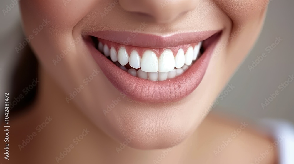 Obraz premium Happy woman shows off her bright smile, showcasing her healthy teeth after a visit to the dentist.