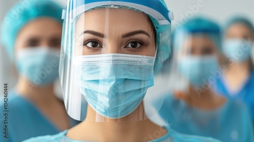 A dedicated nurse in a face shield and mask stands strong, showcasing her teams commitment to healthcare excellence. photo