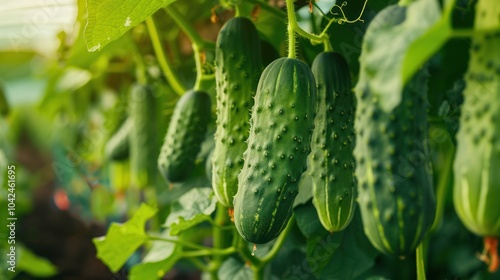 Fresh Cucumbers Growing in a Greenhouse