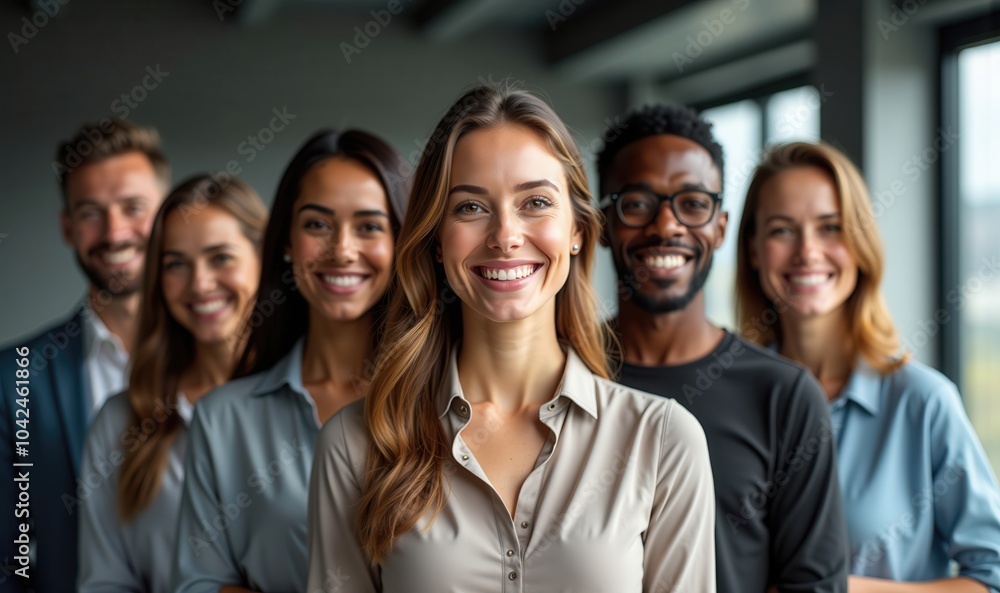Diverse group of smiling professionals standing together, promoting teamwork and collaboration in a modern office setting. Diverse group of smiling professionals standing together, promoting teamwork and collaboration in a modern office setting.