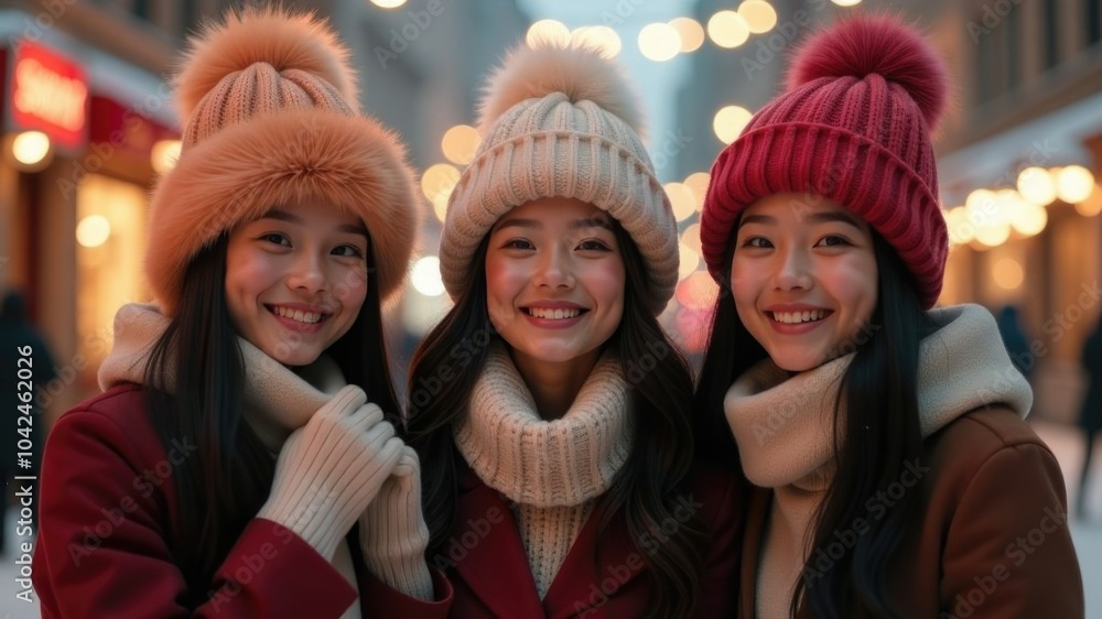 Chic winter fashion trio in faux fur hats and cozy knitwear on snowy city street at night - luxurious soft fur concept Chic winter fashion trio in faux fur hats and cozy knitwear on snowy city street at night - luxurious soft fur concept