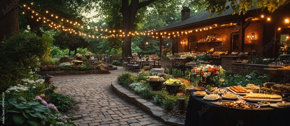 A beautifully decorated outdoor patio with string lights, a brick path, lush greenery, and a buffet table laden with food. A beautifully decorated outdoor patio with string lights, a brick path, lush greenery, and a buffet table laden with food.