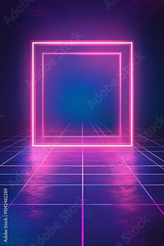 Empty neon rectangle frame with shining effect on dark background with copy space. Black Friday, Cyber Monday. Online shopping, sale and discount concept. 80s, 90s retro style. Synthwave, Retrowave