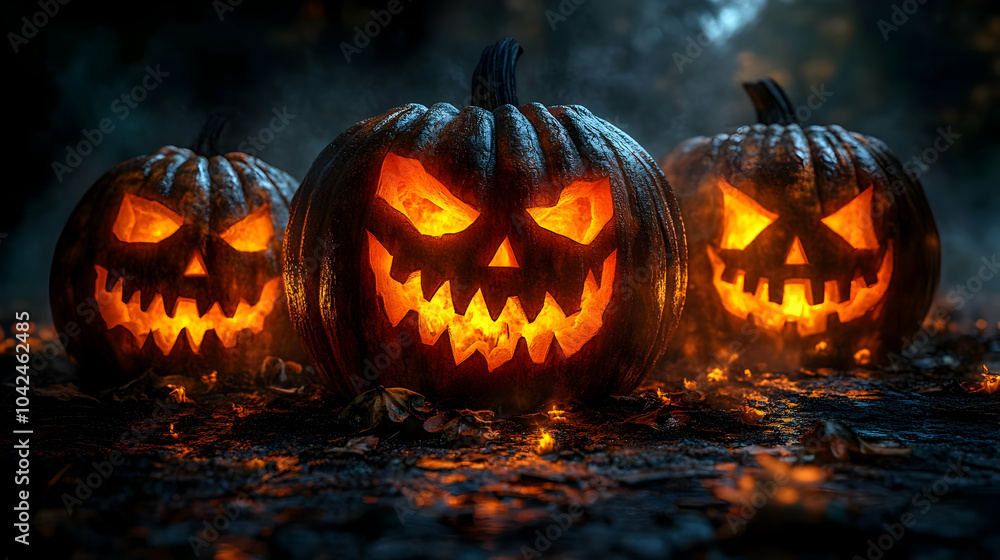 Three glowing jack-o'-lanterns in a spooky, misty setting. Three glowing jack-o'-lanterns in a spooky, misty setting.