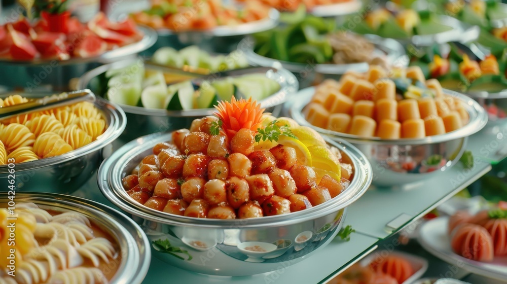 A beautifully arranged buffet table with elegant dishware, ready to delight guests at a stunning wedding feast. A beautifully arranged buffet table with elegant dishware, ready to delight guests at a stunning wedding feast.