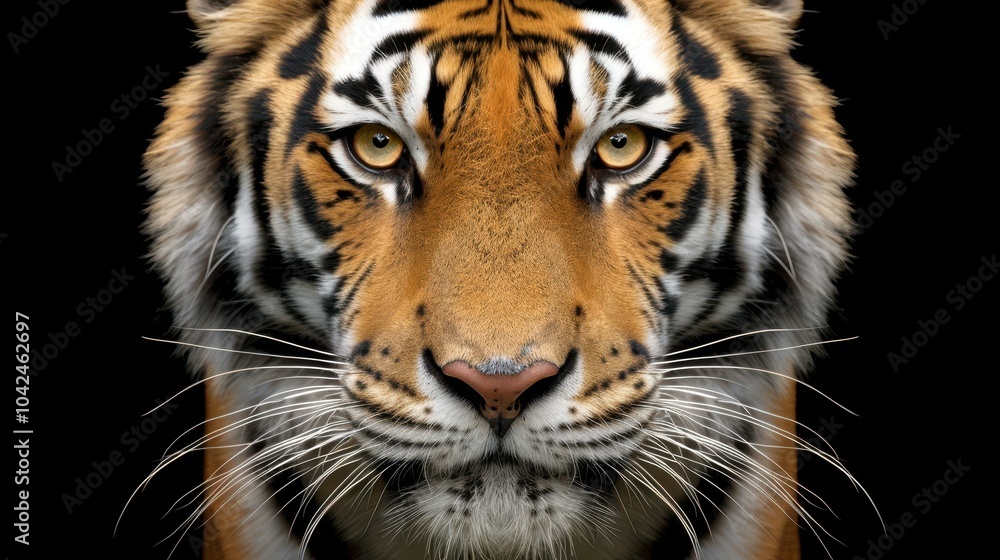 Naklejka premium Experience the striking beauty of a white Siberian tiger captured in stunning detail against a dark backdrop.