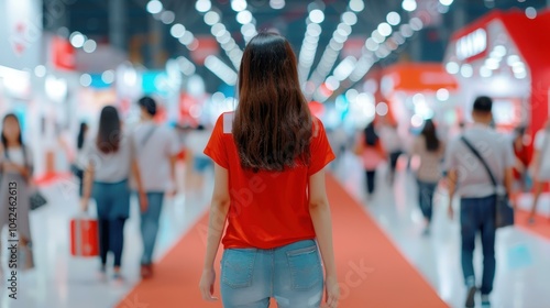 Blurred figures of business people mingle at a lively trade fair, showcasing a dynamic atmosphere in a modern hall. photo