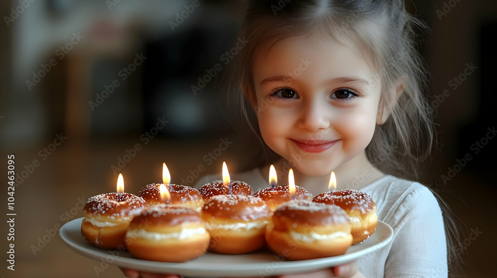 Little Girl Holds Plate of Donuts with Lit Candles Little Girl Holds Plate of Donuts with Lit Candles