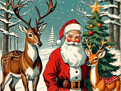 illustration of santa with deer in the snow