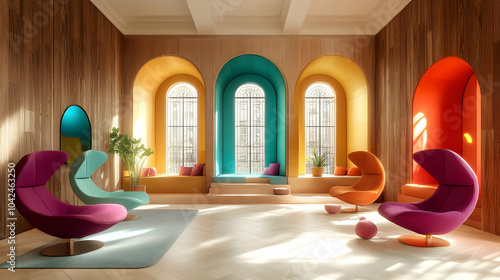 Vibrant, modern lounge with...