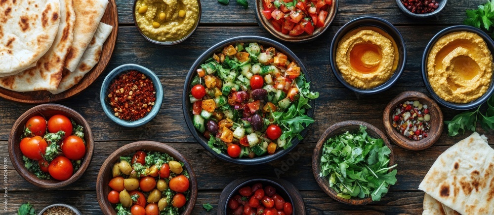 A colorful and delicious spread of Middle Eastern food on a wooden table. The spread includes hummus, pita bread, olives, tomatoes, and a variety of fresh vegetables. A colorful and delicious spread of Middle Eastern food on a wooden table. The spread includes hummus, pita bread, olives, tomatoes, and a variety of fresh vegetables.