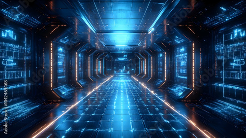 Futuristic corridor with gl...