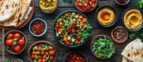 A colorful and delicious spread of Middle Eastern food on a wooden table. The spread includes hummus, pita bread, olives, tomatoes, and a variety of fresh vegetables.