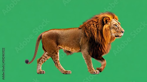 Lion walking sideways on green screen background, male lion walking on site, generative ai