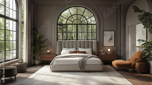 Modern bedroom with large w...