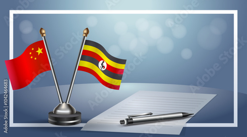 China and Uganda Small national flag on bokeh background, cooperative relationship