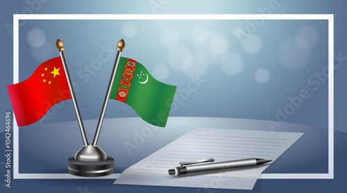 China and Turkmenistan Small national flag on bokeh background, cooperative relationship