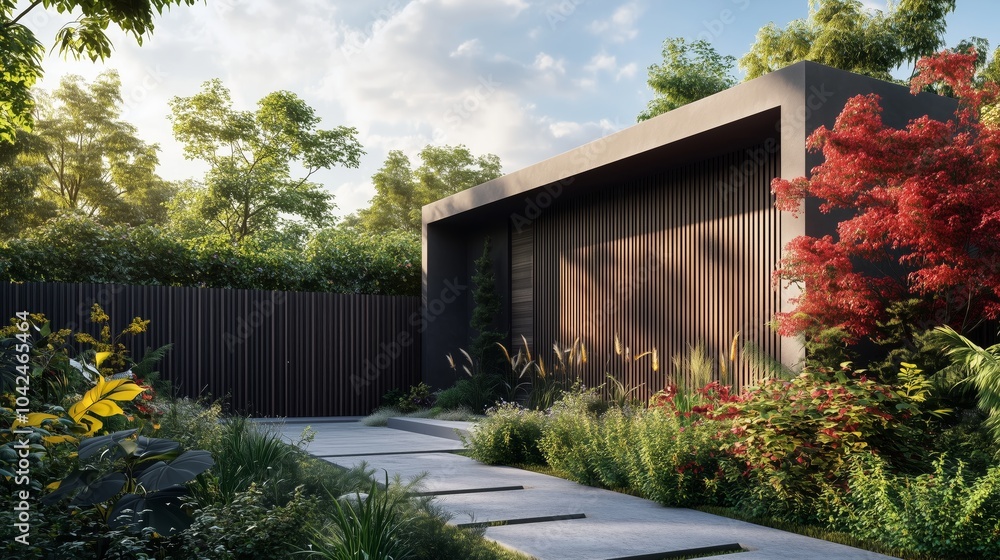 A sleek grey fence, blending seamlessly with the modern house's exterior design. The composition captures its elegant lines and texture against the backdrop of a minimalist home A sleek grey fence, blending seamlessly with the modern house's exterior design. The composition captures its elegant lines and texture against the backdrop of a minimalist home