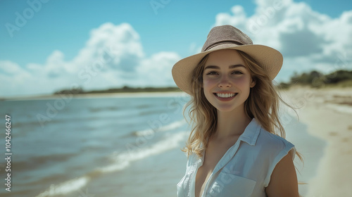 A woman with a light-colored hat and shirt smiles at the beach