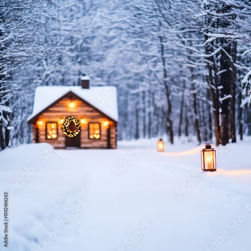 A cozy cabin in a snowy forest, adorned with festive decorations.