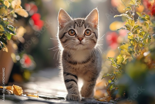 A Curious Kitten Walking Through a Garden