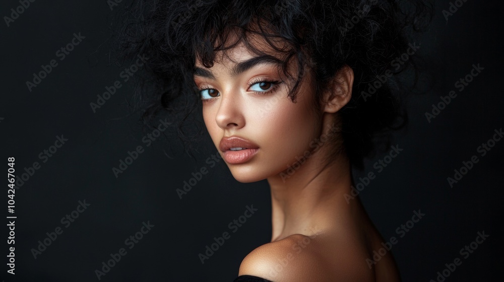 Close-up of a beautiful woman with curly hair on dark background Close-up of a beautiful woman with curly hair on dark background