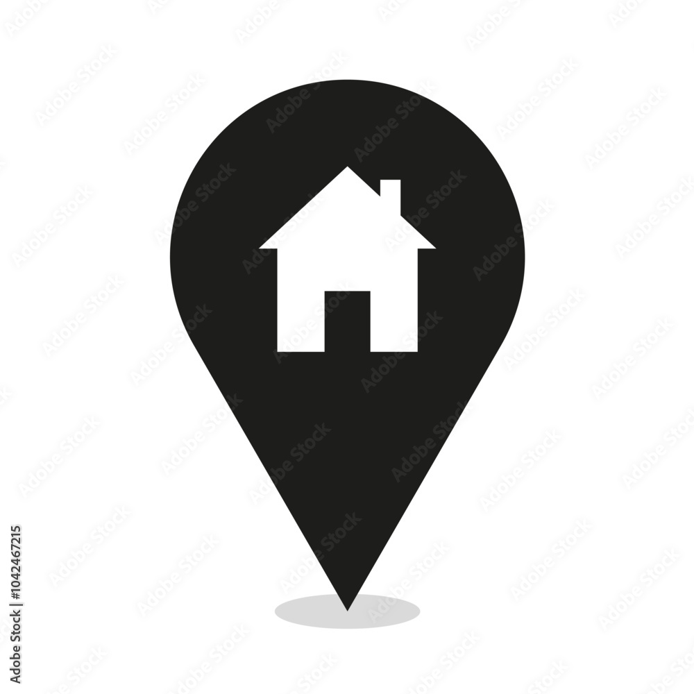 Home location marker. Simple house icon. Black pin graphic. Vector map symbol. Home location marker. Simple house icon. Black pin graphic. Vector map symbol.