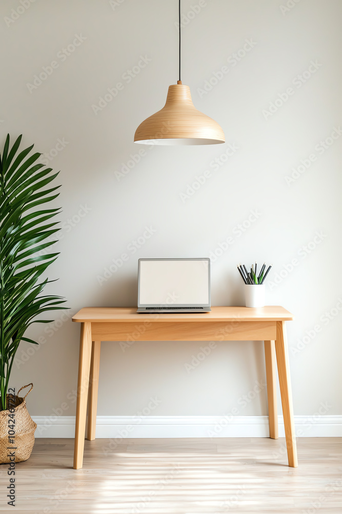 Fototapeta premium Stylish minimalist home office setup featuring a laptop and indoor plants for a productive environment