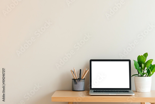 A minimalistic home office setup featuring a laptop and indoor plant for productivity and comfort