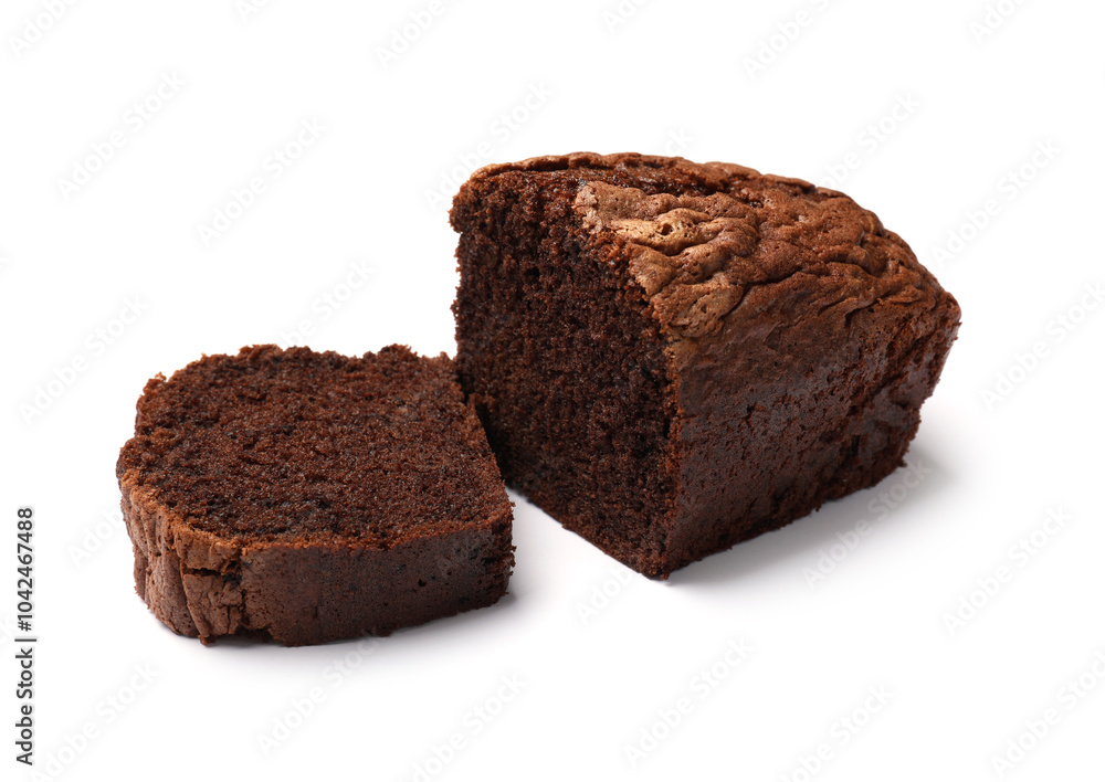 Delicious cut chocolate sponge cake isolated on white Delicious cut chocolate sponge cake isolated on white