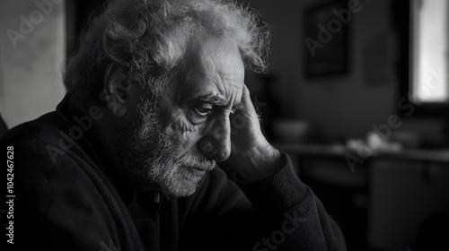 Black and white photograph of an elderly man sitting in a 1940s kitchen with one hand to his head in a worried expression, his wrinkled face reflecting a lifetime of struggle and resilience.
